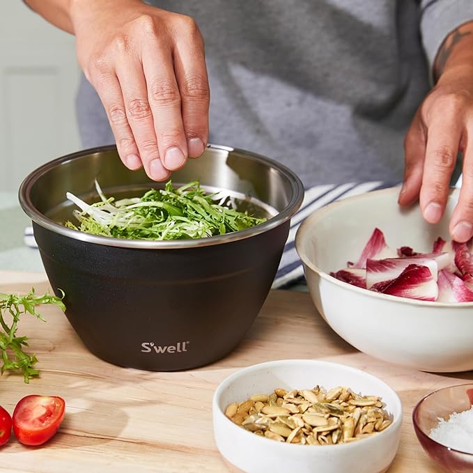 S’well Stainless Steel 64oz Salad Bowl Kit in Onyx,Comes with 2oz Condiment Container and Removable Tray for Organized Serving,Leak-Proof and Dishwasher Safe,(Pack of 8)