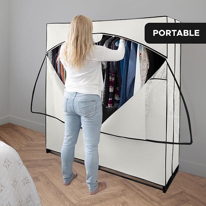 HOLDN’ STORAGE Portable Wardrobe Closet - 65 lb Large Capacity, Internal Heavy Duty Metal Rod, Zipper & Clear Window, Durable Clothes Organizer, Tool-Free Easy Assembly, White Canvas Cover