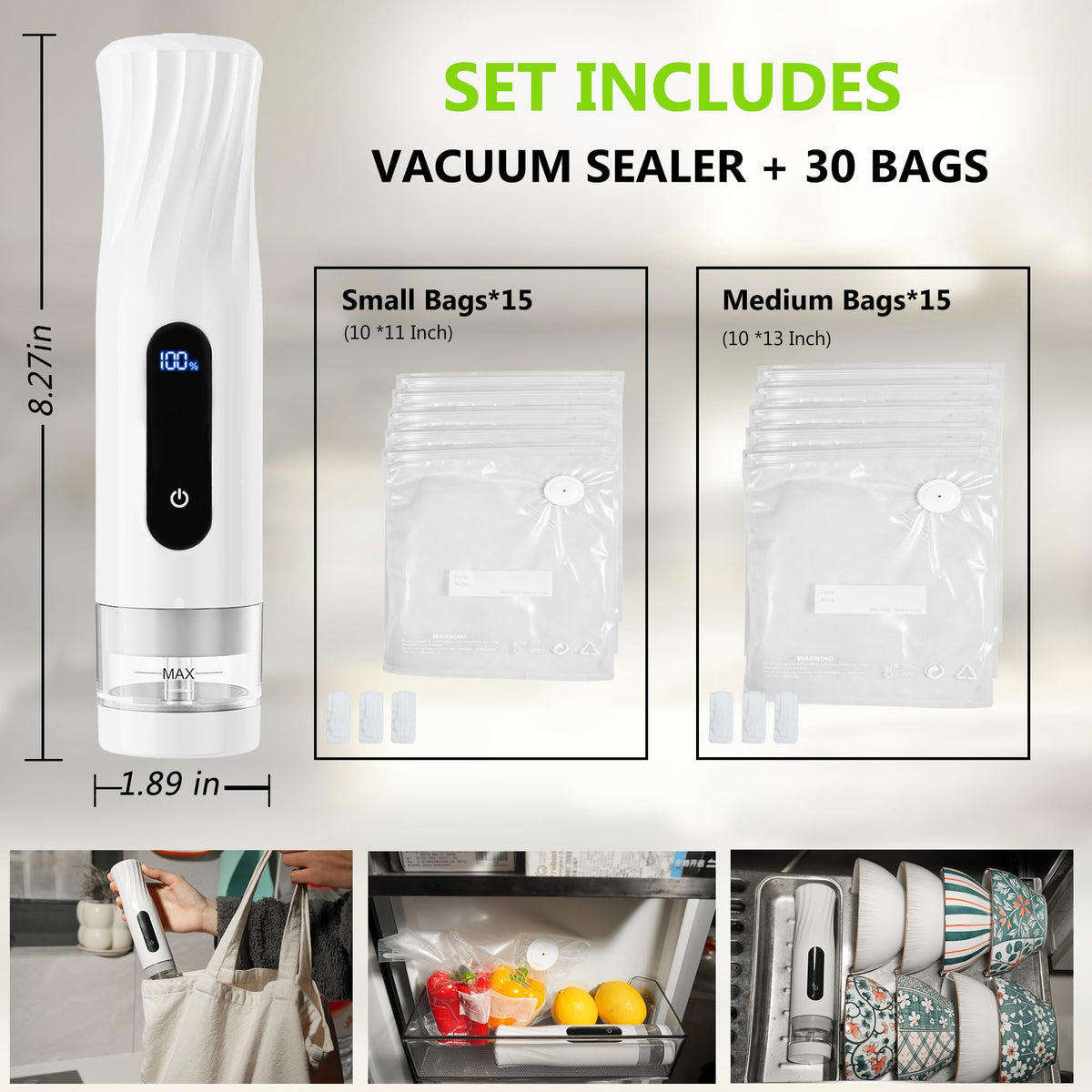ALLHOPE Compact Vacuum Sealer for Food Storage: Portable Handheld Food Sealer, 80kPa Suction, 1800mAh Battery, 30 Reusable Vacuum Bags, Preserve 5X Freshness with Easy Operation