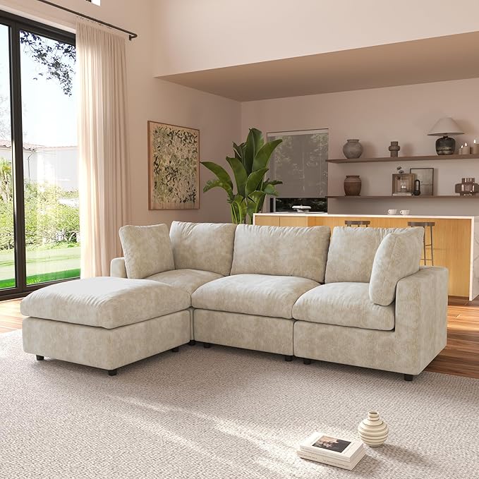JACH L Shape Sectional Couches for Living Room, Deep Seat Convertible Modular Sofa, Cloud Sectional Couch, Sofa Covers Washable, Minimalist Modern Couch for Living Room, Apartment, Khaki