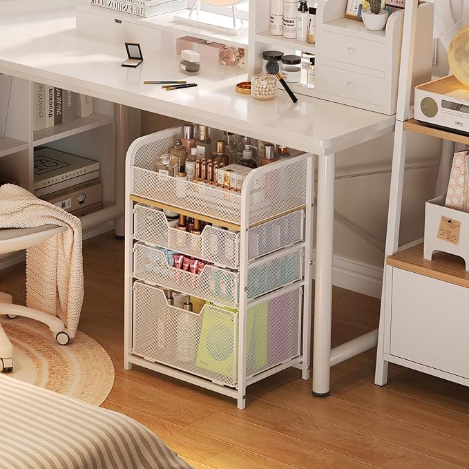 Rolling Makeup Cart Organizer with 3 Drawers, Floor Skincare Organizers with Wheels, Cosmetics Display Cases, Vanity Storage Organizer for Skin Care Perfume Nail Polish, White