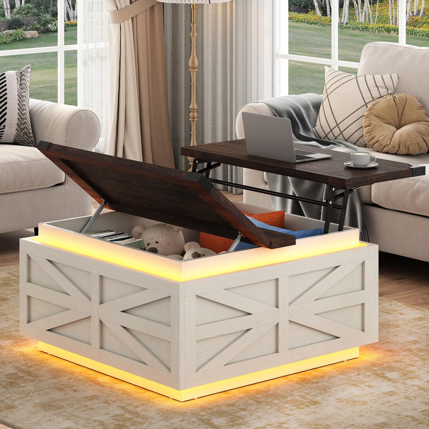 Large Farmhouse Lift Top Coffee Table with Hidden Storage Compartment, Wood Square Center Table with Charging Station&USB Ports for Living Room, White
