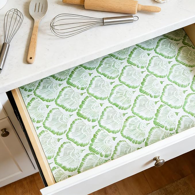 Drawer and Shelf Liner - Green Banana Leaf Pattern,Non Adhesive Non Slip Waterproof Easy-Clean Liner for Kitchen Cabinet, Refrigerator, Bathroom, Pantry Storage Drawers, 12 in x 10 Ft.