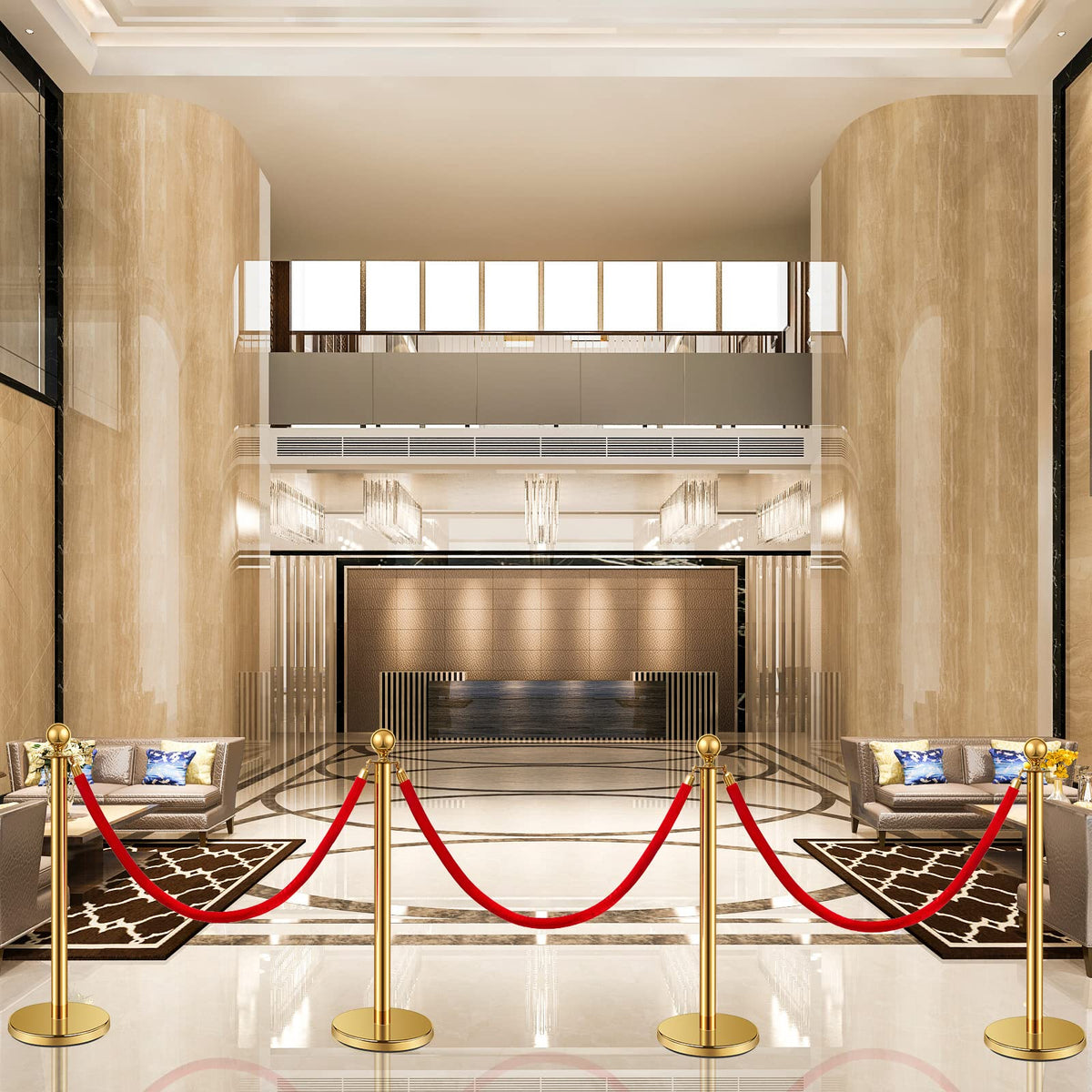 Ferraycle 4 Pcs 2026 Prom Stainless Steel Stanchion 5 ft Velvet Carpet Ropes and Pole Crowd Control Barriers Grand Opening Casino Movie Theme Party 360 Photo Booth Accessories (Gold)
