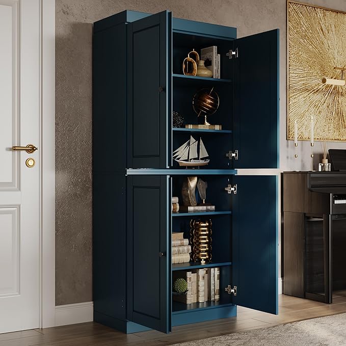 Palace Imports Solid Wood Bookcase - 6-Shelf Tall Bookshelf, 71.5” H x 32” W - Teal Blue, Wooden Cabinet Doors, Adjustable Shelves, 100% Renewable Eco-Friendly Wood, Made in Brazil