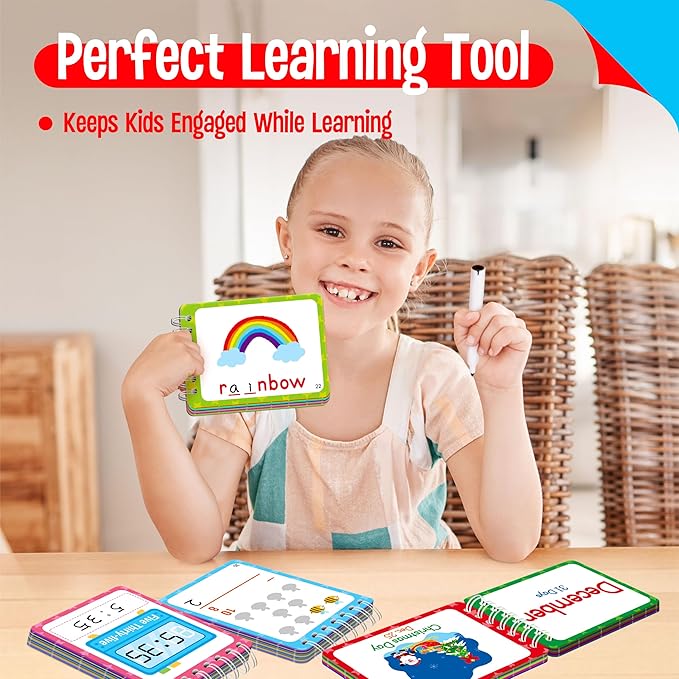 4 First Grade Learning Flipbooks, Double-Sided Mini Book Set - Spelling, Addition, Subtraction, Time, Week, Weather, Month, Holiday & Season Learning, Early Educational Tool for Kids