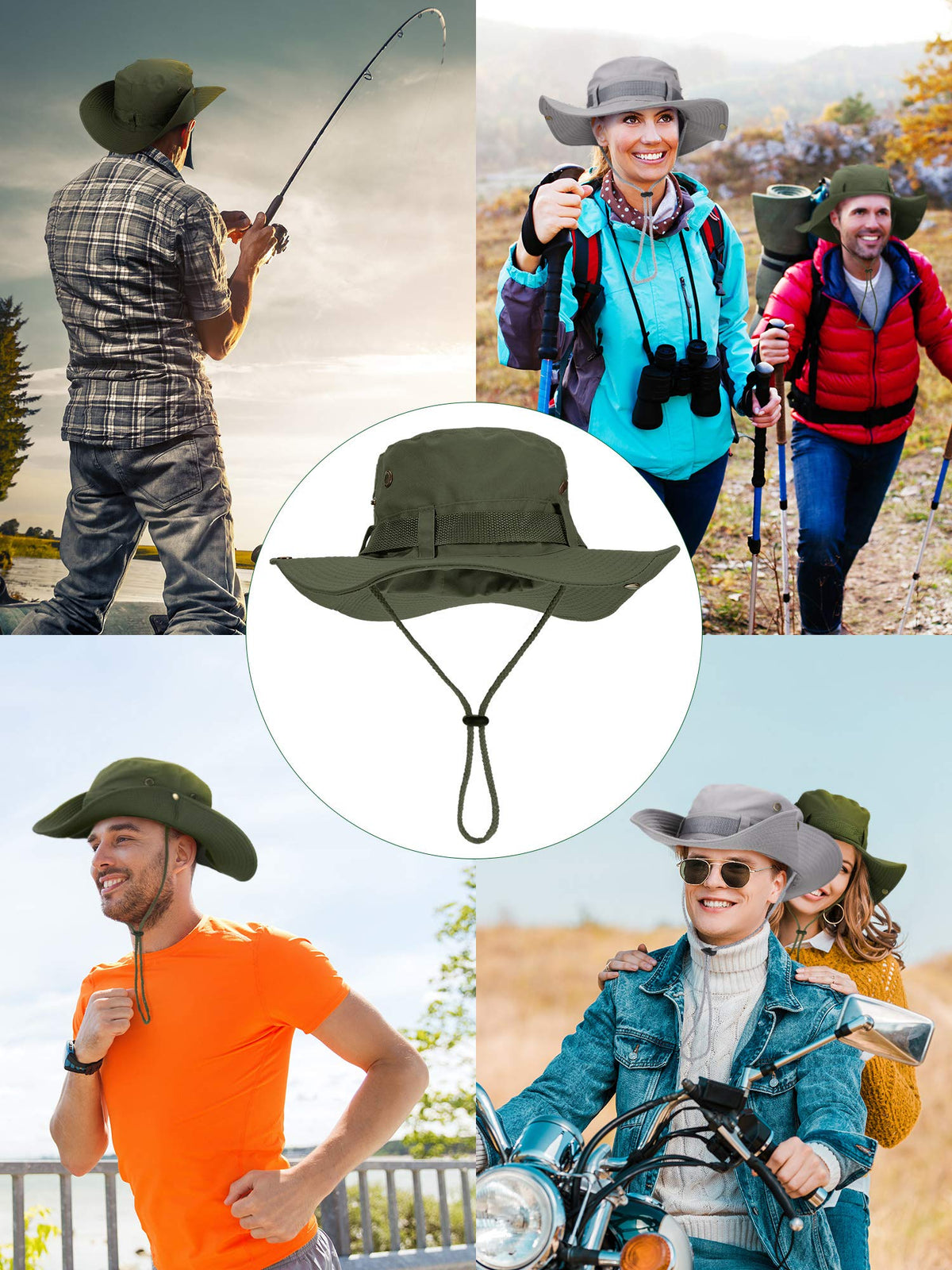 Boao 2 Pcs Sun Hat for Men Women Foldable Safari Hat UV Protection UPF 50+ Boonie Bucket Cap Summer for Hiking Beach Fishing(Arm Green, Light Grey)