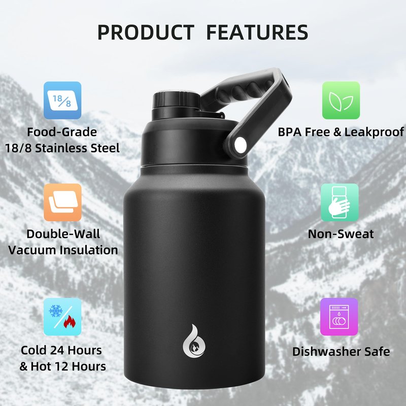 BJPKPK 64 oz Insulated Water Bottle, Dishwasher Safe Half Gallon Water Bottle with Ergonomic Handle, BPA Free Leak Proof Water Jug for Sports, Metal Jug with Anti-slip Bottom, Black