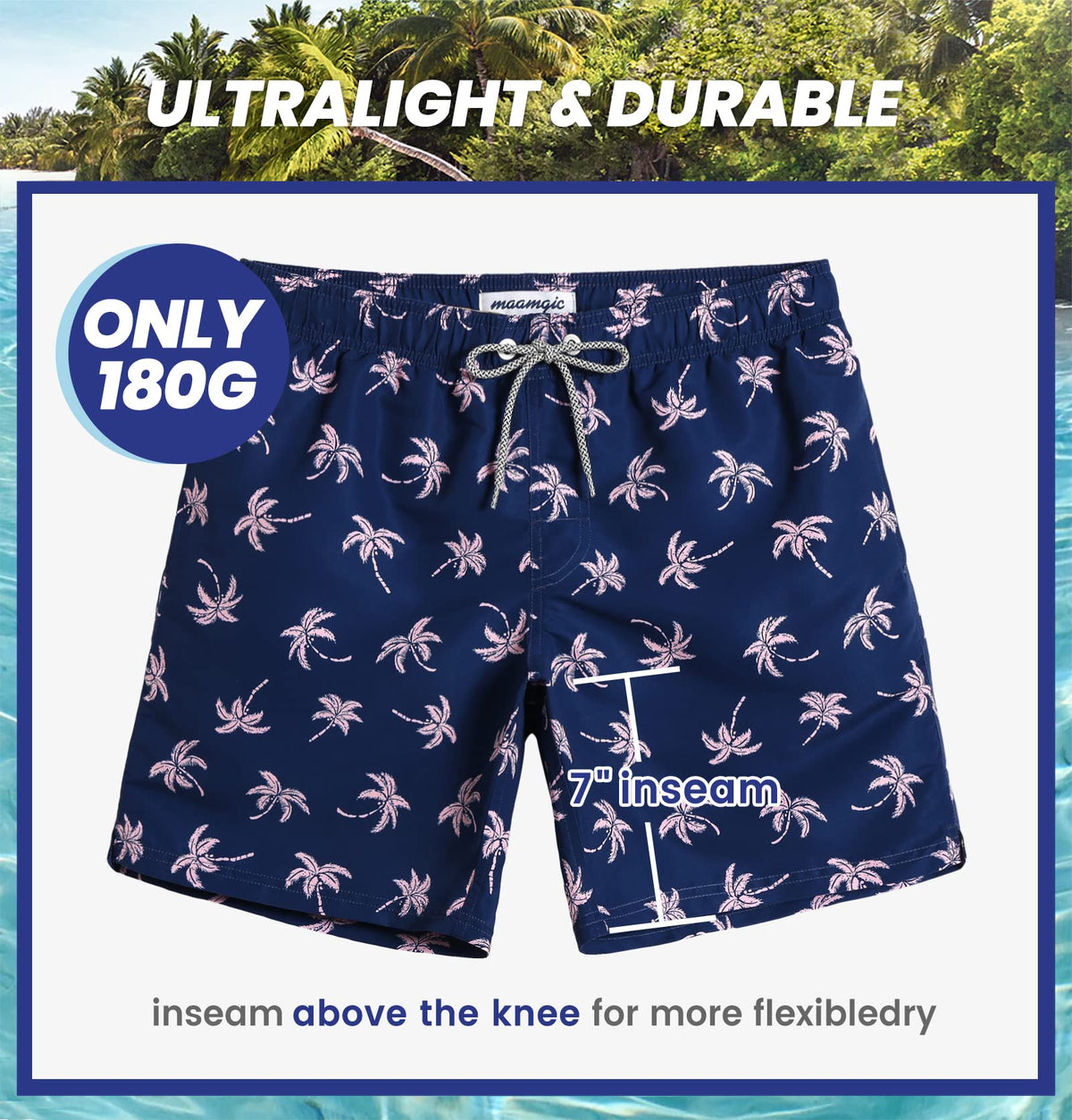 maamgic Mens Swim Trunks Quick Dry Swim Shorts with Mesh Lining Funny Swimwear Bathing Suits 7inch Navy Palm Medium