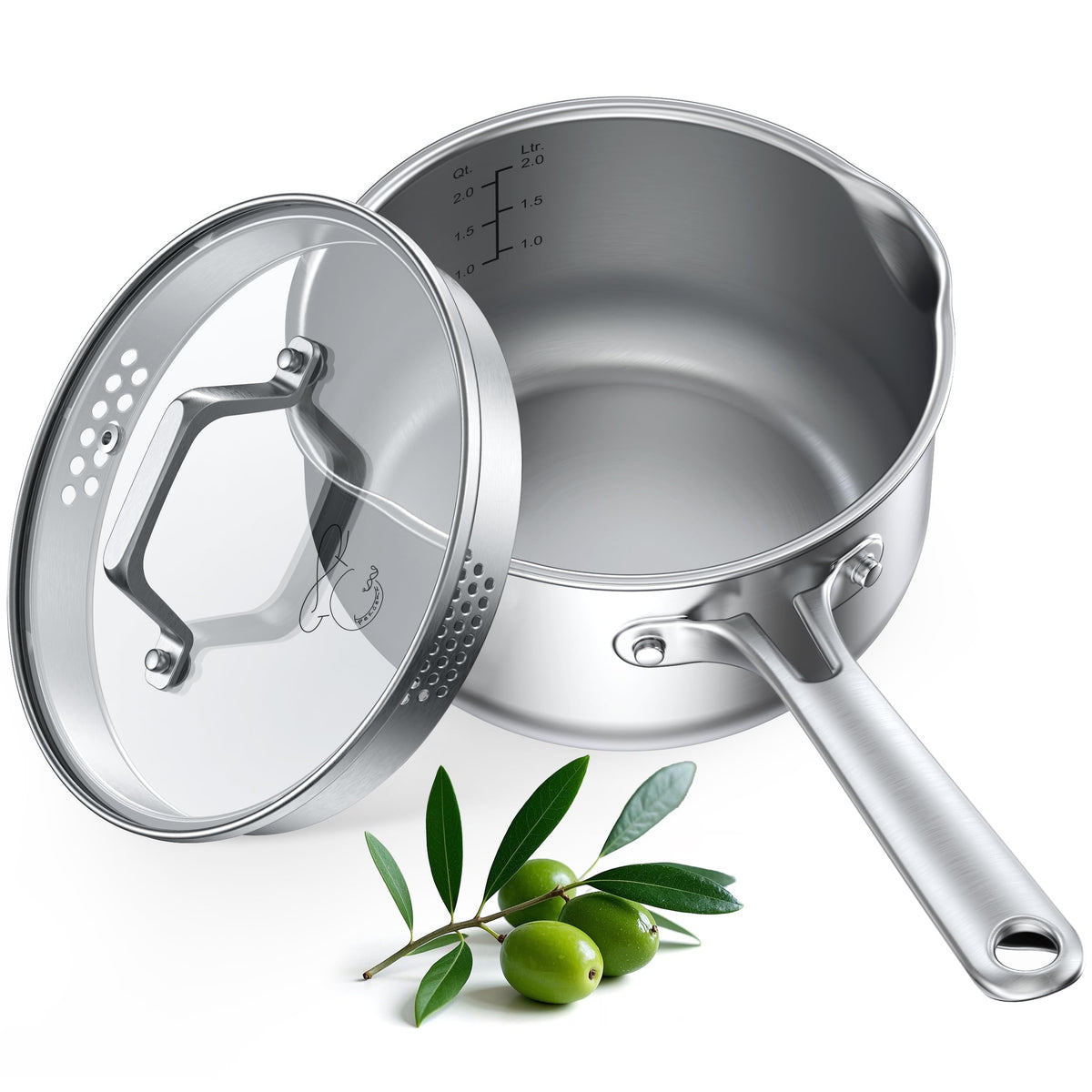 PekGema 2.5QT Saucepan w/Glass Strainer Lid, Tri-Ply Stainless Steel