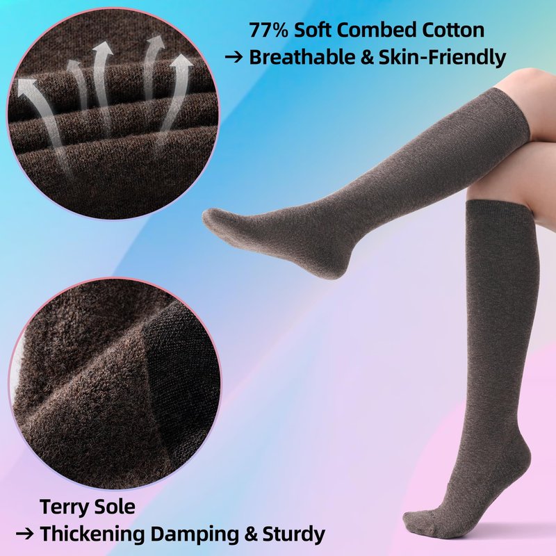 Soft Cotton Compression Socks for Women & Men 20-30 mmHg - Knee High Support Socks with Thick Sole and Seamless Toe
