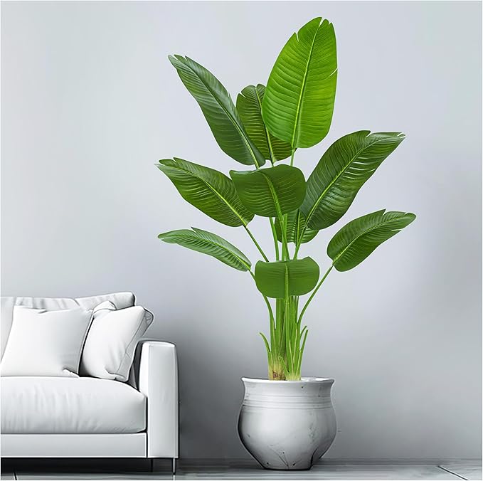 Birds of Paradise Plant Artificial, 5FT Fake Plants Faux Banana Leaf Tree with 10 Banana Leaves, Lifelike Tall Fake Tropical Palm Indoor Silk Floor Plant in Black Pot for House,Office,Room,Home Decor