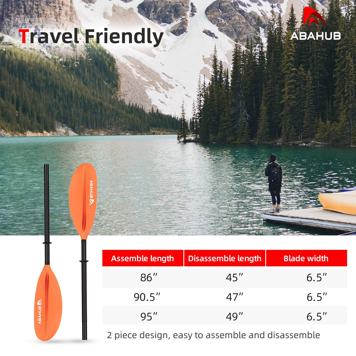 Abahub Kayak Paddle, 90.5 Inches Kayaking Oars for Boating, Canoeing with Extra Paddle Leash, Aluminum Alloy Shaft Orange Plastic Blades