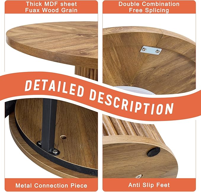 AZmac Round Dining Table Set for 6, Wooden Round Table 7-Piece with Modern Farmhouse Dining Table and 6 Suede Leather Chairs for Kitchen Dining Room, Wooden Table + 6 Saddle Brown Chairs