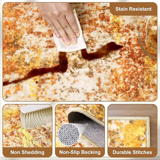 Washable Area Rugs for Living Room - 5x7 Abstract Modern Rug Neutral Soft Rug Stain Resistant Non-Shedding No Slip Low Pile Large Carpet for Bedroom Dining Room Nursery Home Office - Orange/Gold