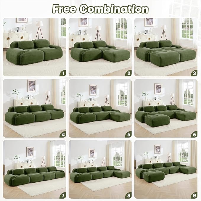 80" Modern Corduroy Boneless Love Seat Couches, 2 Seater Large Sectional Couches for Living Room, Green Cloud Modular Sectional Sofa, Memory Foam, Extra Deep Loveseat, No Assembly