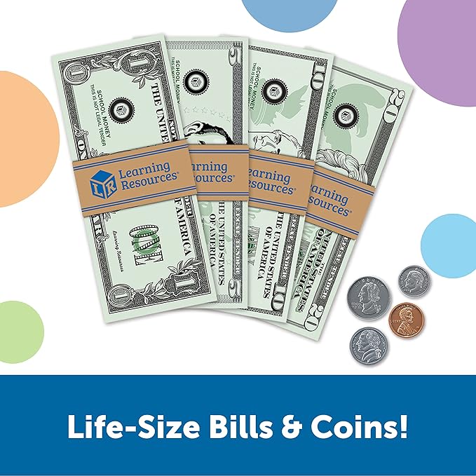 Learning Resources Pretend Play Money - Math Manipulatives for Kids, Kids Bank, Plastic Coins, Cash Register, Toddler , Homeschool Supplies, Fine Motor Skills, Teaching Set Manipulatives