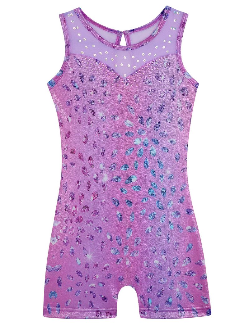 HOZIY Gymnastics Leotards for Girls Mesh Neckline with Iridescent Rhinestones Back Cut Out Sleeveless Size 5-6 Years Purple Diamonds Biketard Shorts Tumbling Outfits Toddler Kids Sparkly Shiny