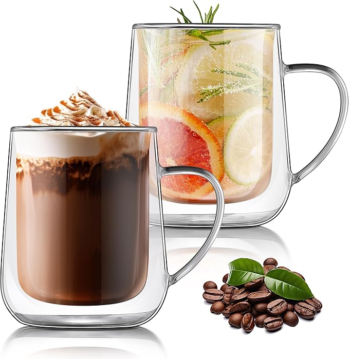Joeyan Clear Double Walled Glass Coffee Mugs, Double Layer Tea Latte Cappuccino Cups with Handle, Double Lined Insulated High Borosilicate Glassware for Milk and Other Hot Beverages, 13.5 oz, Set of 2