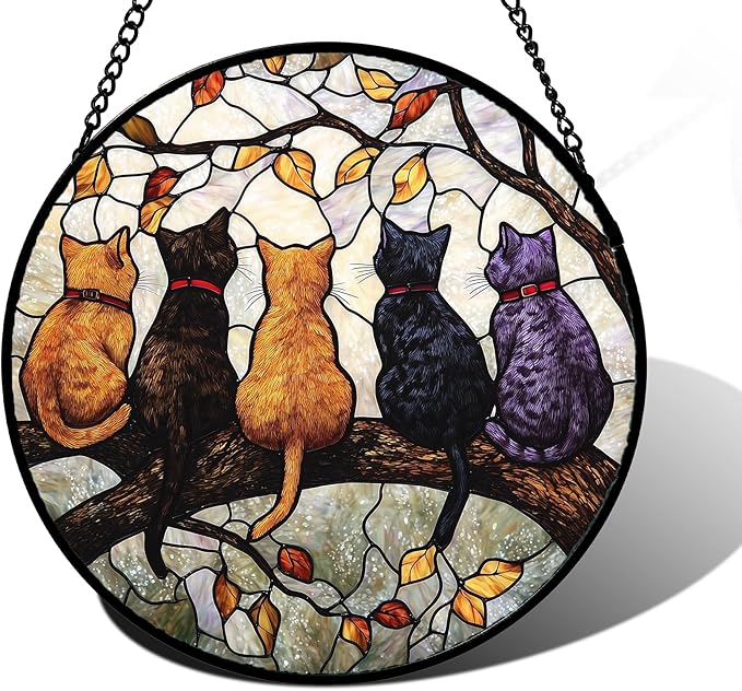 Stained Glass Window Hanging - 5 Cats on a Branch Suncatcher for Window Doors Home Decoration and Christmas, Mother's Day Father's Day Birthday Gifts for Women, Men, and Mom 9.8x9.8 in