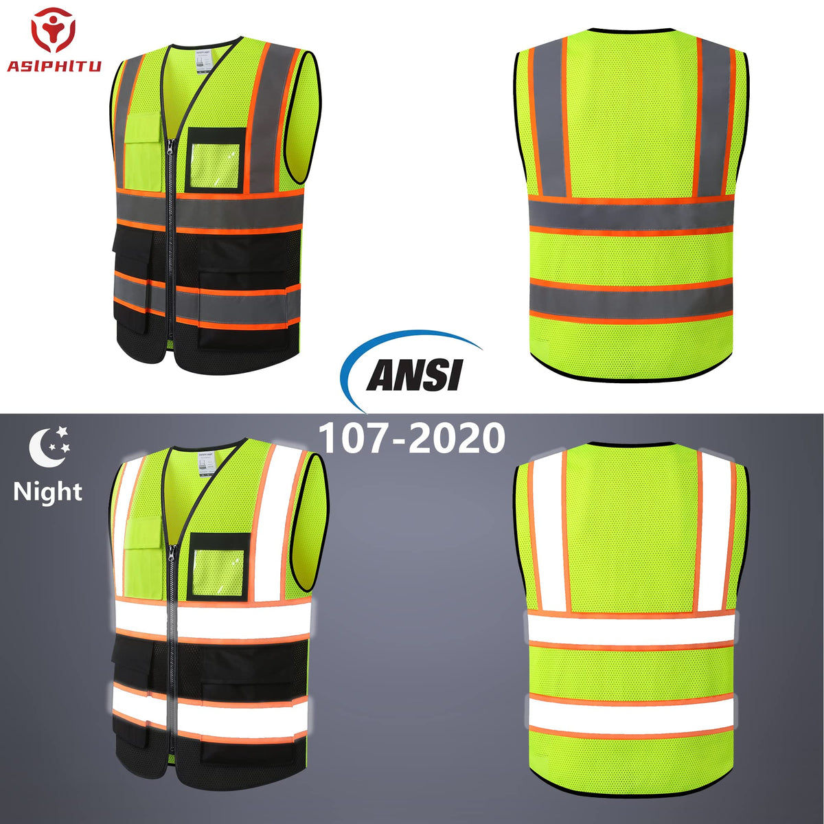 ASIPHITU Reflective High Visibility Safety Vest for Men Women Security with Pockets Zipper Front for Work Vest with Reflective Strips Meets ANSI/ISEA Standards(H-YellowBlack-2XL)