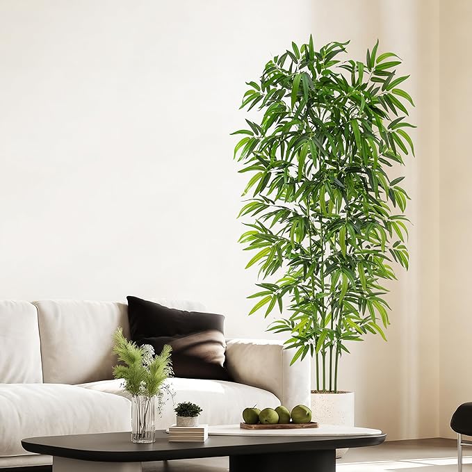 Artificial Tree Fake Plants, Artificial Bamboo Tree 7FT Tall in Black Potted, Artificial Tree Indoor Decor Bamboo Silk Tree with Natural Wood Trunk, for Home Office Living Room Modern