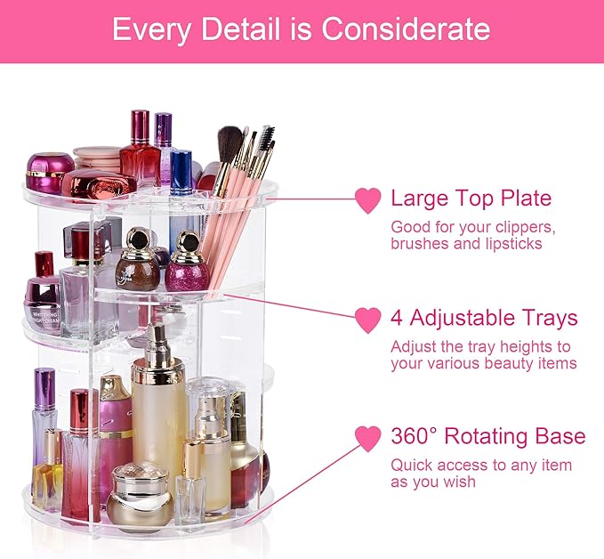 360 Rotating Makeup Organizer, DIY 8 Adjustable Layers Spinning Skincare Organizer, Cosmetic Holder Shelf, Make Up Organizers and Storage for Vanity Bathroom Countertop (Clear-A)
