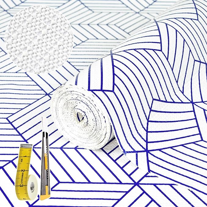 Shelf Liners for Kitchen Cabinets 17.3in x 20FT, Non Adhesive Cabinet Liner Strong Non-Slip White and Blue Geometric Drawer Liner, Easy to Clean for Shelf, Cabinet with Knife and Tape Measure