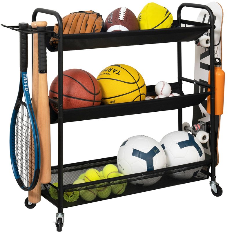 STORAGE MANIAC Basketball Rack 3-Shelf Training Stand with Wheels