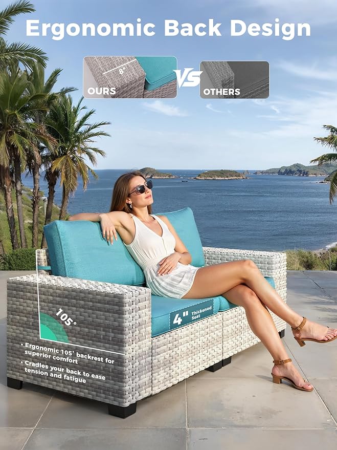 16 Piece Outdoor Wicker Rattan Sectional Sofa Set with Swivel Chairs & Fire Pit Table, 12-Seats with 4" Thickened Cushions & Coffee Table, All-Weather PE Rattan for Garden, Backyard, Porch, Navy