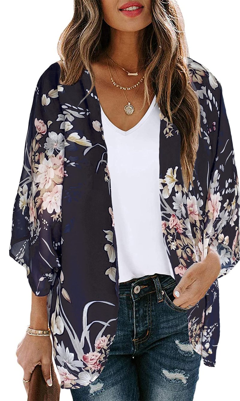 Women's Floral Print Puff Sleeve Kimono Cardigan Loose Cover Up Casual Blouse Tops (Navy Blove, XL)