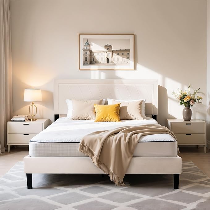 Hokway Bed Frame Upholstered Platform Bed with Headboard Wooden Slat Support No Box Spring Needed(King, Soft Beige)
