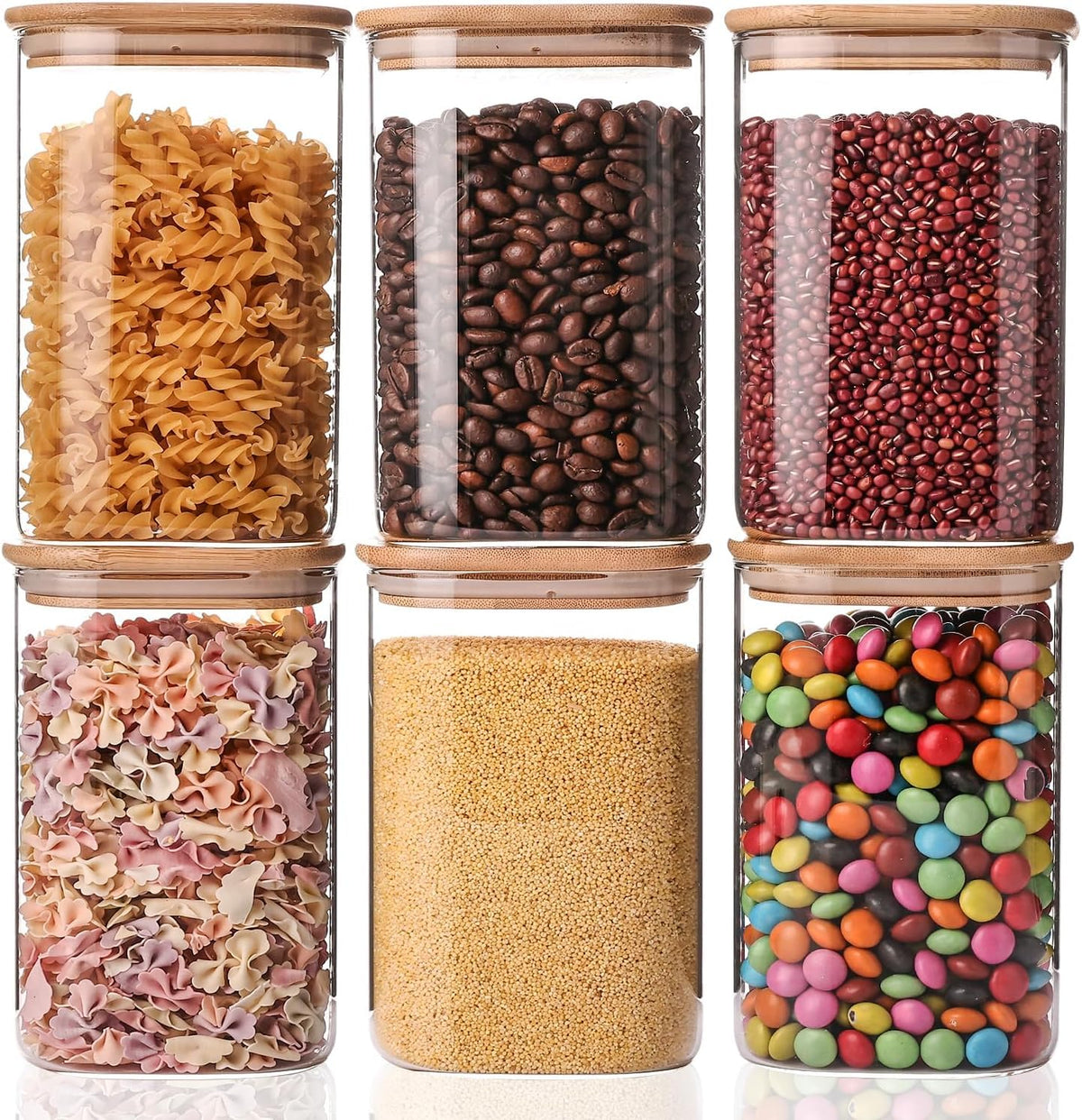 Liuruiyu Glass Food Storage Jars 6-Pack 37oz - 4x6 in-Clear Glass Food Canisters with Bamboo Lid Airtight For Serving Tea, Coffee, Flour, Sugar, Candy, Cookie, Spice and More (Circular)