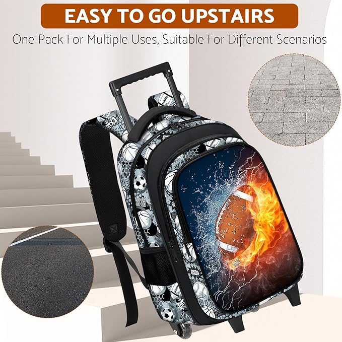 Boys Rolling Backpack for Kids - American Football Kids Rolling Backpack with Wheels for Elementary Middle School Students - Roller School Bookbag Aged 6-18, Wheeled Travel Bag Large Capacity