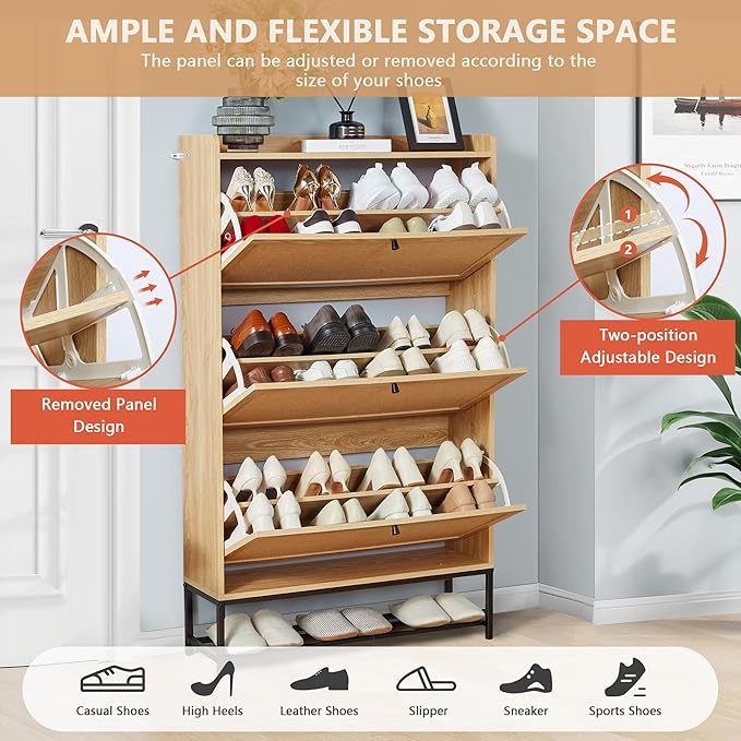 LEVNARY Shoe Cabinet for Entryway, Slim Shoe Cabinet with 3 Flip Drawers Narrow Shoe Storage Cabinet, 4 Tier Freestanding Shoe Organizer for Entryway, Hallway (2, Natural Oak)