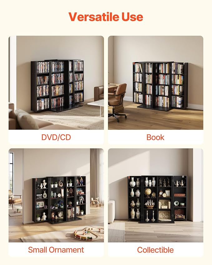 VEVOR Media Storage Cabinet, 4-Tier DVD Shelf Organizer, 24.02 x 14.49 x 33.31 in Multimedia Storage Organizer for CDs, DVDs, Books, Games, CD Shelf for Living Room, Home Office, Recording Room, Black