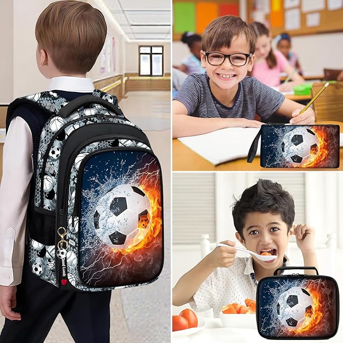 School Backpack for Boys - 4pcs Soccer Boys Backpack with Lunch Box Set for Kids Children Teens Elementary Middle School - 17″ Sport Bookbag Travel Back Pack for Age 6-18