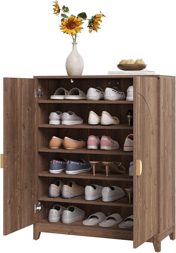LITTLE TREE Wooden Shoe Cabinet with 2 Doors, 6-Tier Shoe Cabinet Storage for Entryway with 5 Adjustable Shelves, Farmhouse Tall Shoe Rack Organizer, Shoe Organizer Cabinet for Hallway, Rustic Brown