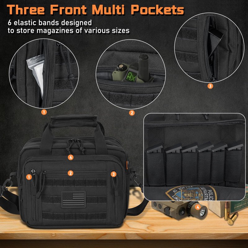 ITHWIU Gun Range Bags For 2 Pistols 6 Magazines, Pistol Case Carrying Shooting Bag with Lockable Zipper for Shooting Range Outdoor Hunting, Black