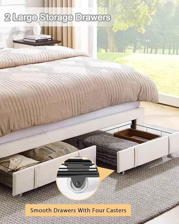 Queen Bed Frame, Velvet Upholstered LED Platform Bed with Headboard Storage, Queen Bed Built-in Charging Station with 2 Drawers, Wood Slat Support, No Box Spring Needed, Beige