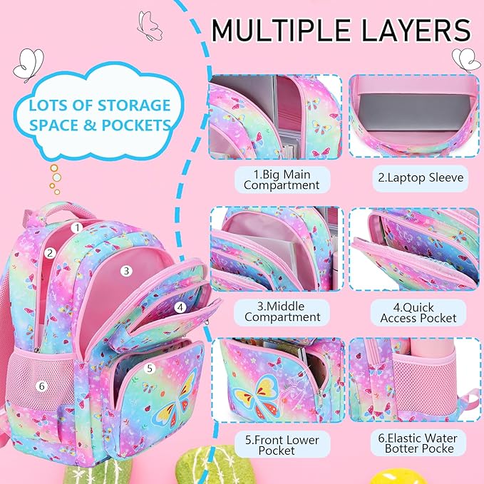 Girls Backpack with Lunch Box Glow in Dark Butterfly Bookbag Teens Ages 4-12 Kindergarten Elementary Middle School Butterfly Backpack, Luminous Butterfly Rainbow