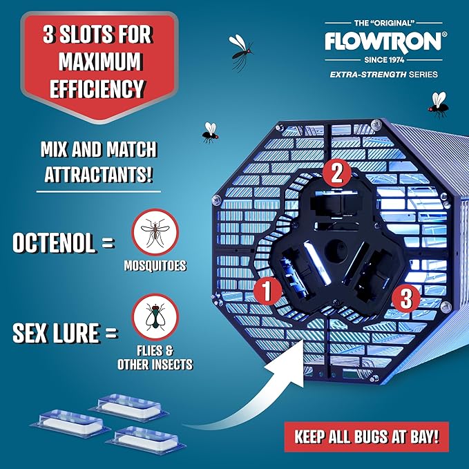 Flowtron Indoor/Outdoor Fly Control, 2000 sq.ft Indoor & 2 Acre Outdoor Insect Control with Dual Lure Method, 120W UV Light & Fly Sex Lure/Octenol for Flies and Mosquitoes, UL Certified