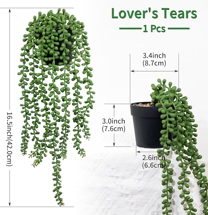 LOYWREE 3Pcs Fake Plants Indoor Artificial String of Pearls Plant in Black Pots, Realistic Green Faux Succulent Hanging Plants for Shelf Decor Desk Home Garden Decorations