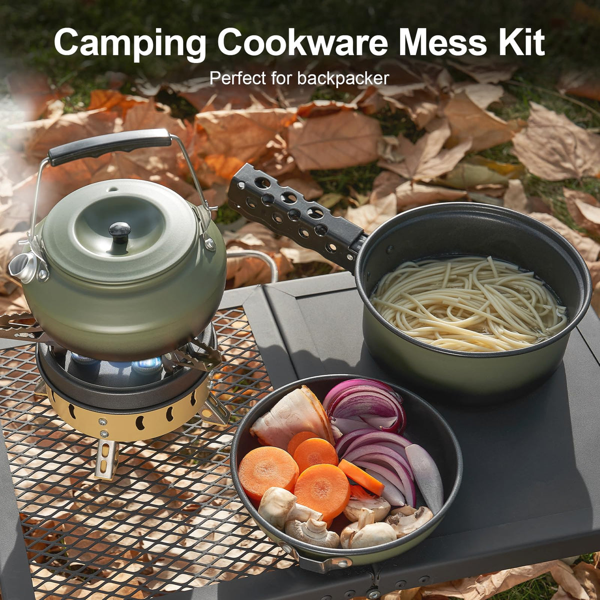 Odoland 5pcs Camping Cookware Non-Stick Camping Pot and Pan Set with Kettle and Removable Handle for Hiking Backpacking and Picnic(Green)