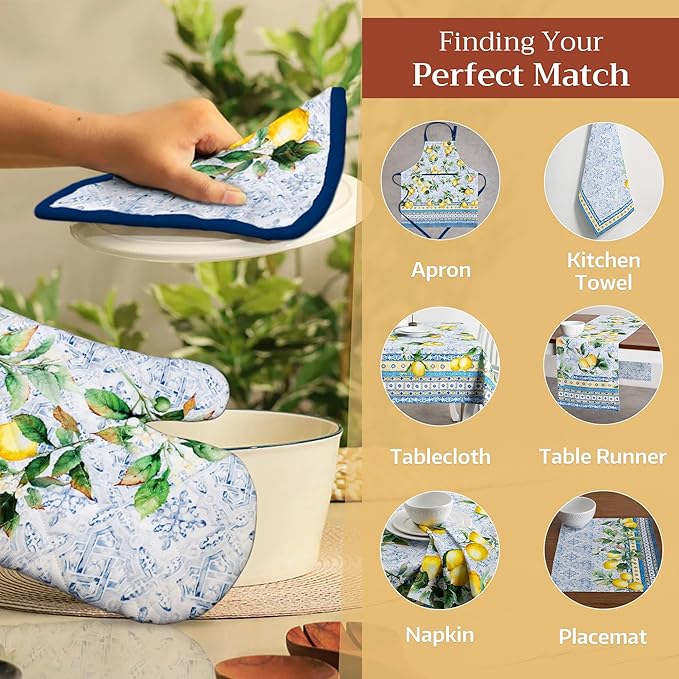 Maison d' Hermine 100% Cotton Oven Mitt & Pot Holder Set (7.5"x13" & 8"x8") Heat Resistant BBQ Cooking Gloves with Loop, Baking, Grilling, Kitchen, Handling Hot Pans Spring/Summer (Citrus)