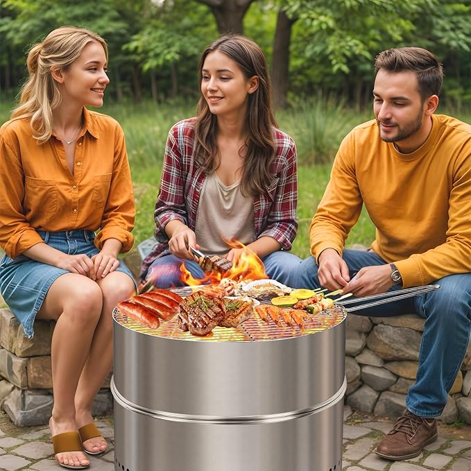 HGD 20 Inch Smokeless Firepit with Grill, Portable Wood Burning Fire Pit for Camping & Backyard, Stainless Steel Outdoor Fireplace with Travel Bag, Easy Setup & Compact Storage - Foldable Design