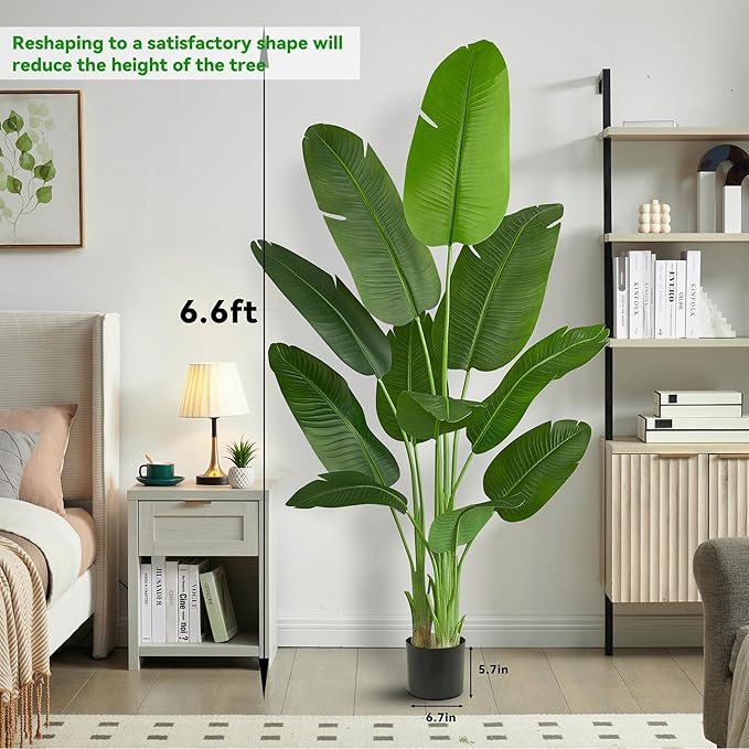 Birds of Paradise Plant Artificial, 6.6FT Fake Plant Faux Banana Leaf Tree with 15 Banana Leaves, Lifelike Tall Fake Tropical Palm Indoor Silk Floor Plant in Black Pot for House,Office,Room,Home Decor