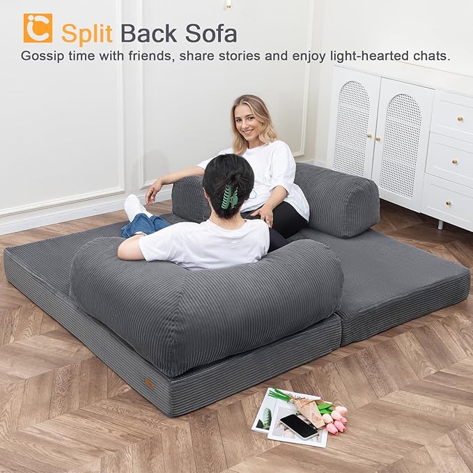 COMAX Futon Sofa Bed, 4-in-1 Floor Foldable Sofa Couch Bed Queen with L-Shaped Armrests, Convertible Folding Chair Bed Sleeper Mattress Fold Out Comfy Lounge for Living Room Bedroom, Grey