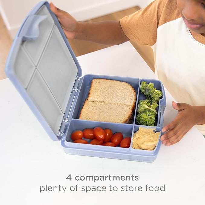 Ubbi Bento Lunch Box for Kids with 4 Compartments, BPA-Free, Leakproof, Dishwasher Safe, Food-Safe Material, Portion-Controlled Lunch Container, Back to School, Cloudy Blue