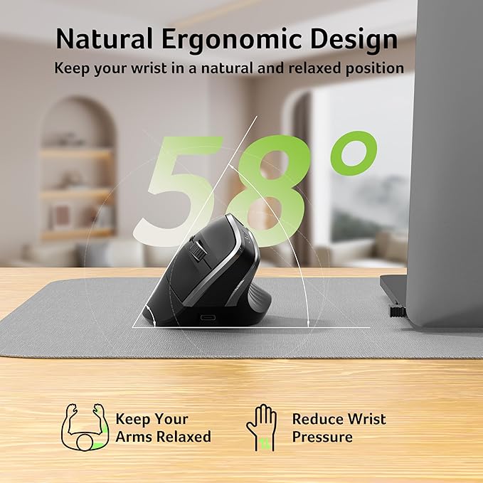 acer Ergonomic Mouse Wireless, Vertical Computer Mouse for Office, Ergo Mice Rechargeable for Medium to Large Sized Hands, 2.4GHz USB Receiver, 800/1200/1600 DPI, 6 Buttons for Laptop, PC and Desktop